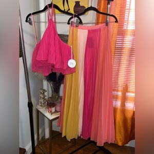Pleated Colorblock Maxi Skirt Set - Pink